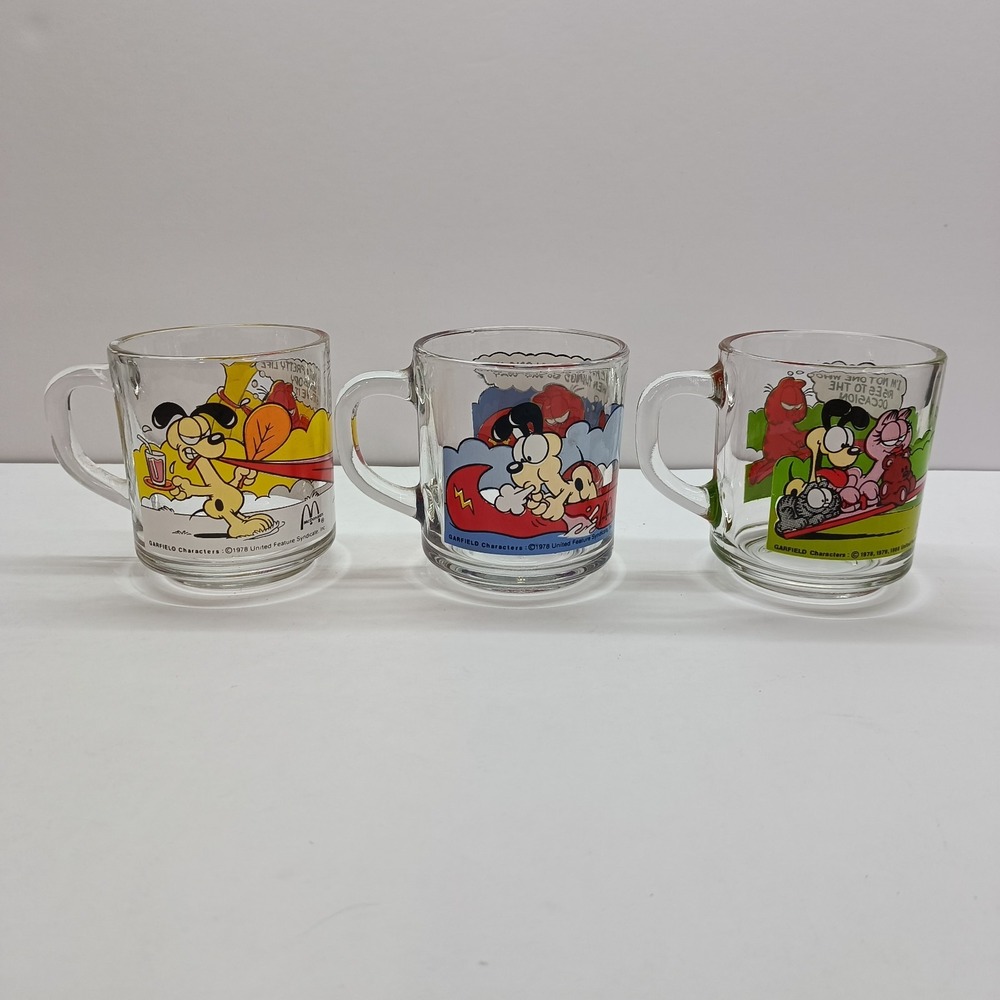 Set of 3 Vintage 1978โ McDonald's GARFIELD Glass Coffee Mugs Cups Jim Davis 3.5"